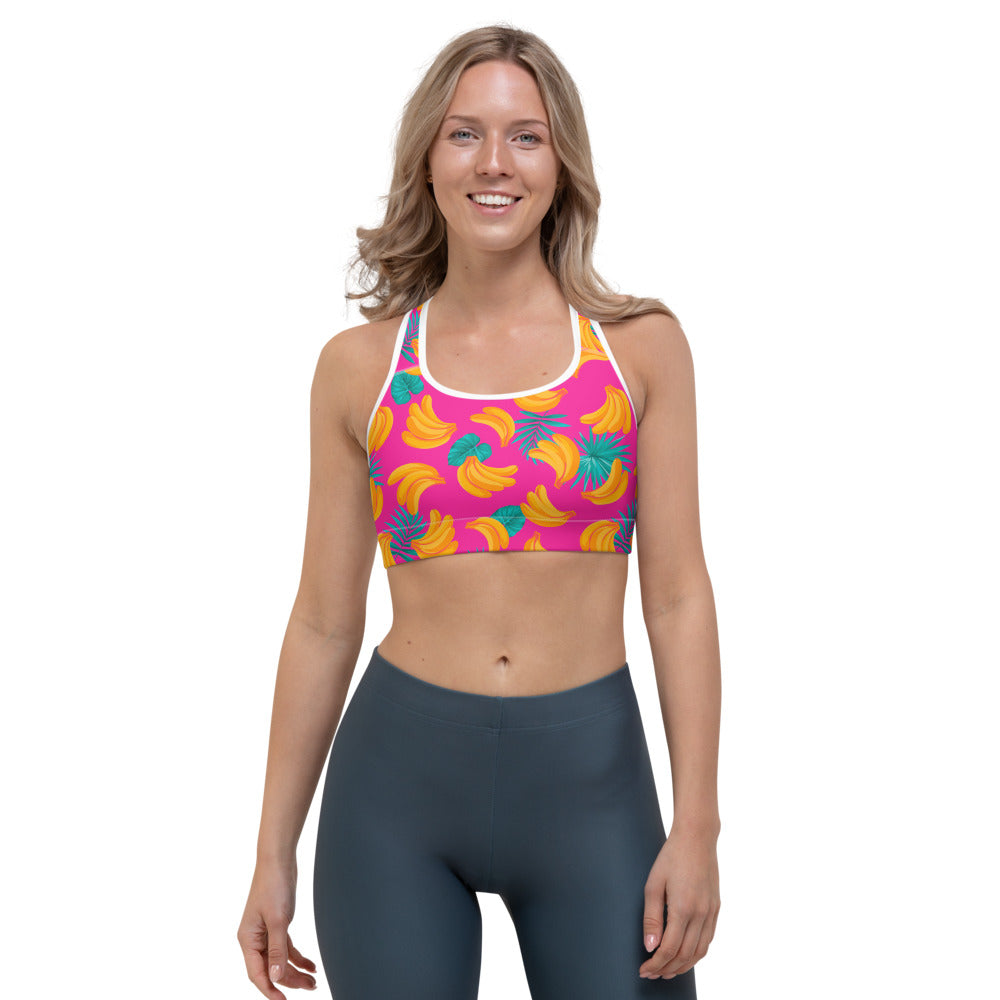 Pink Tropical Banana Pattern Print Women's Sports Bra