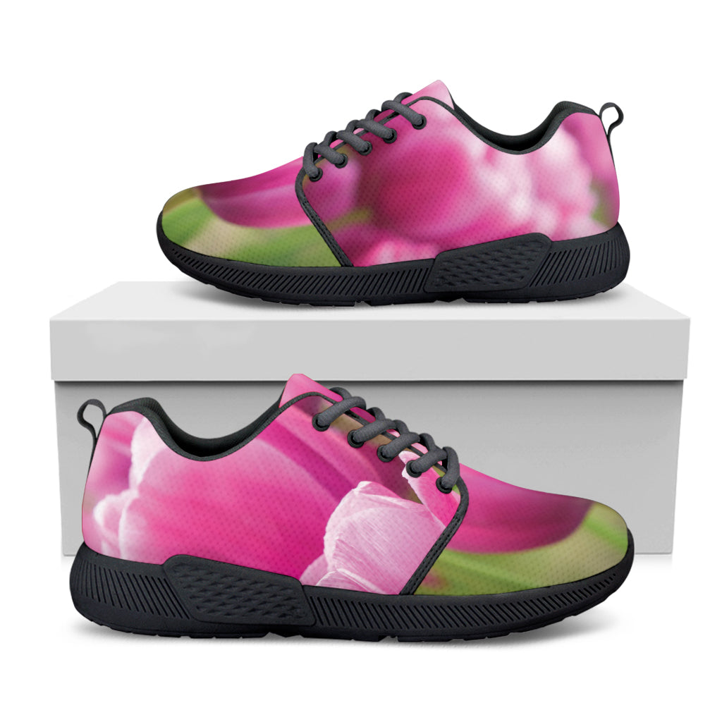 Pink Tulip Print Black Athletic Shoes