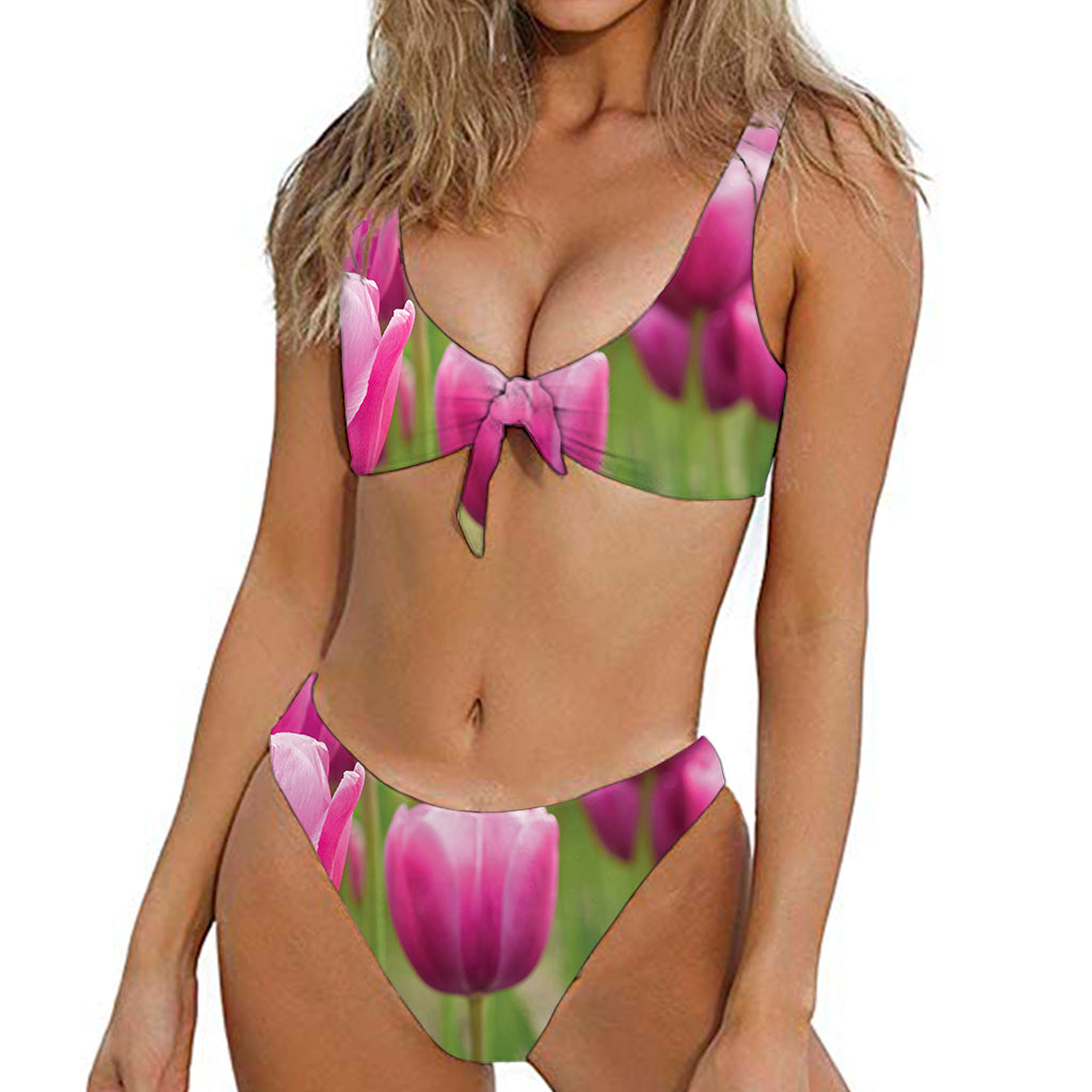 Pink Tulip Print Front Bow Tie Bikini