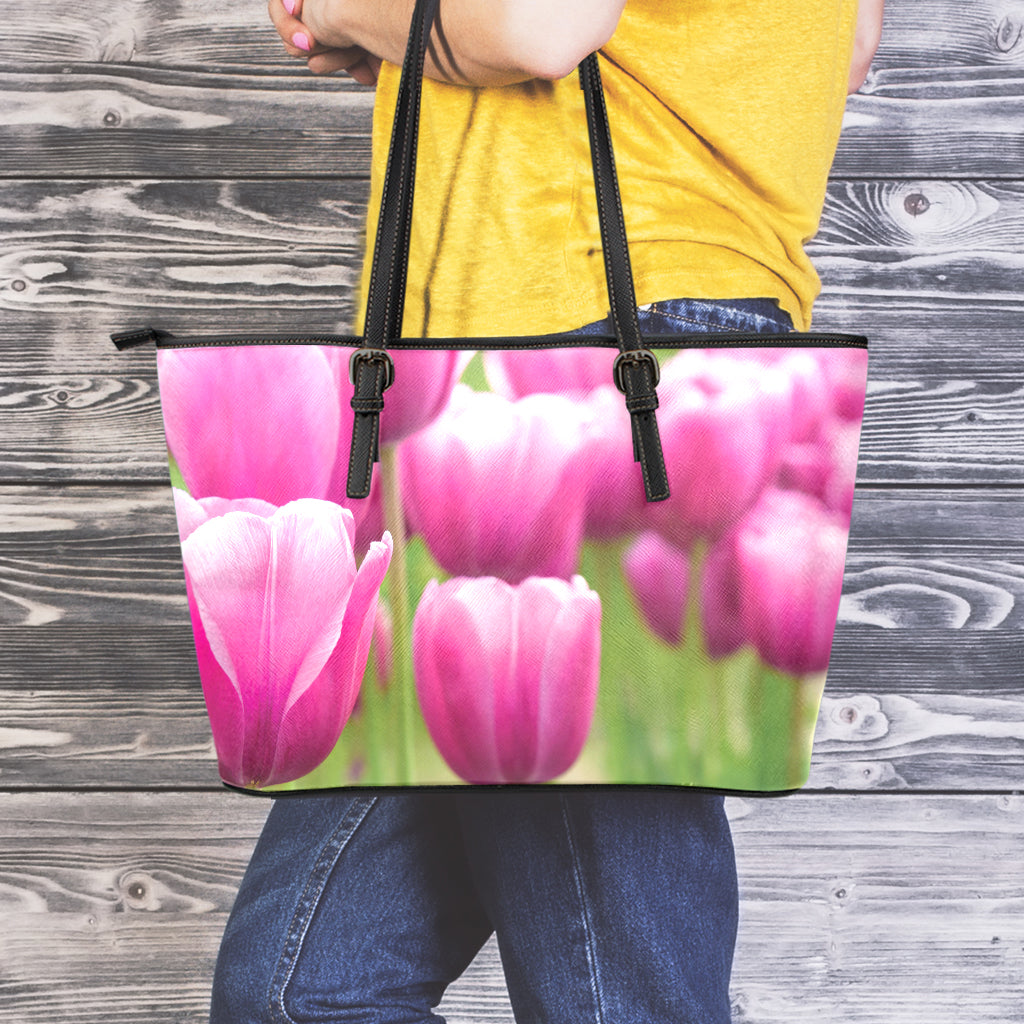 Pink Tulip Print Leather Tote Bag