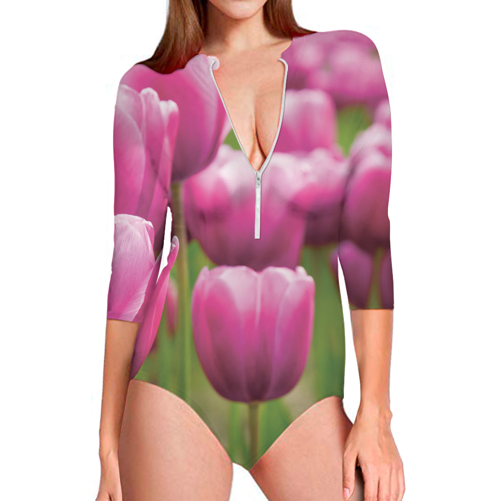 Pink Tulip Print Long Sleeve One Piece Swimsuit