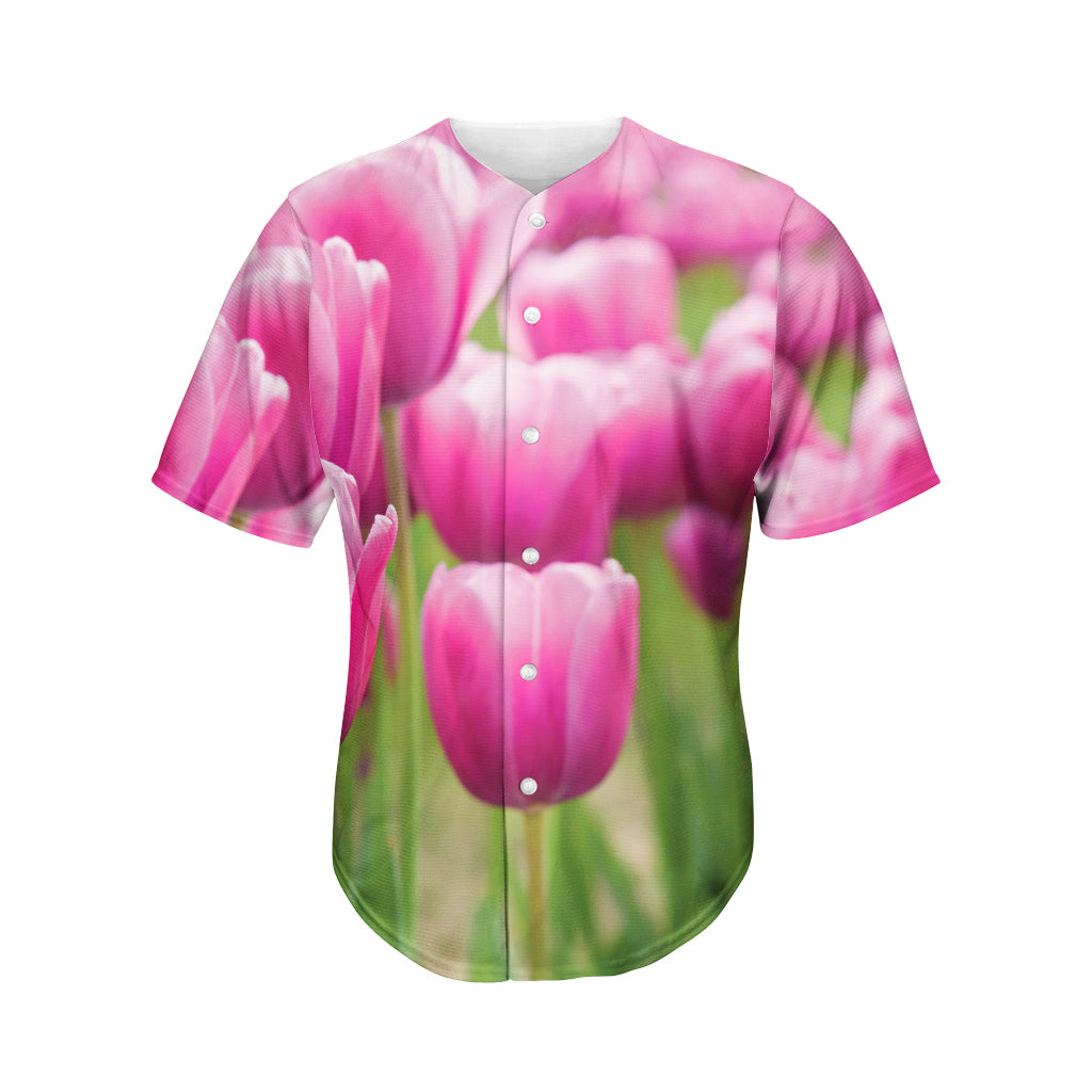 Pink Tulip Print Men's Baseball Jersey