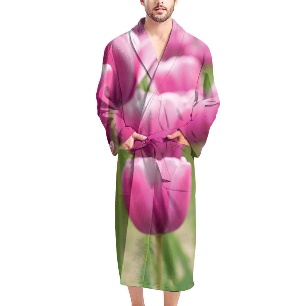 Pink Tulip Print Men's Bathrobe