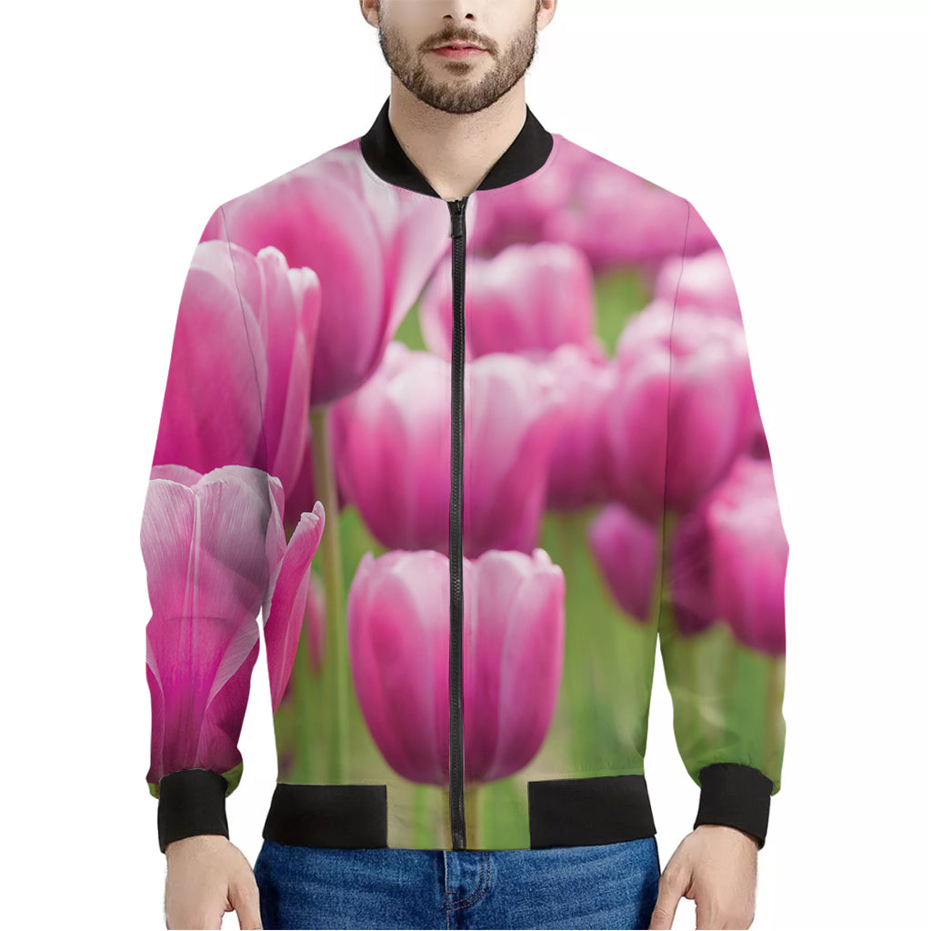 Pink Tulip Print Men's Bomber Jacket