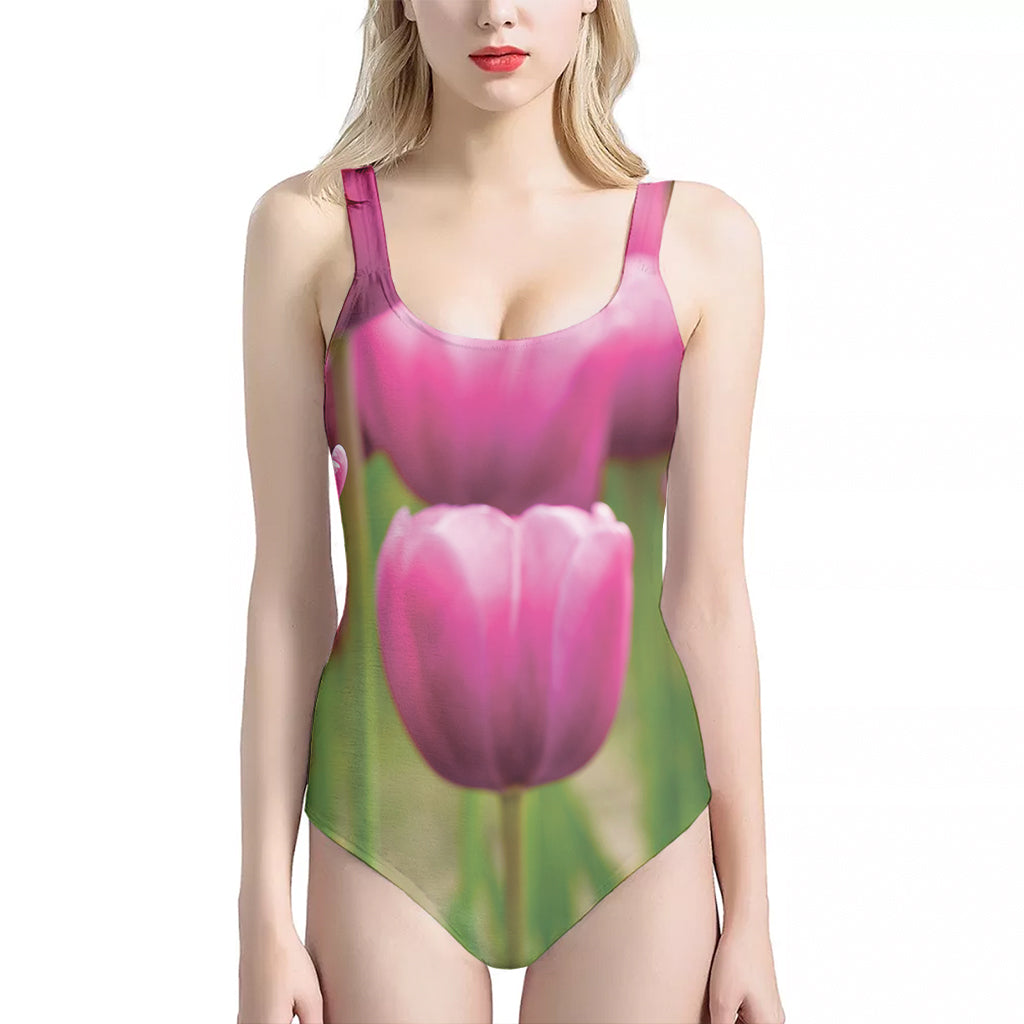 Pink Tulip Print One Piece Halter Neck Swimsuit