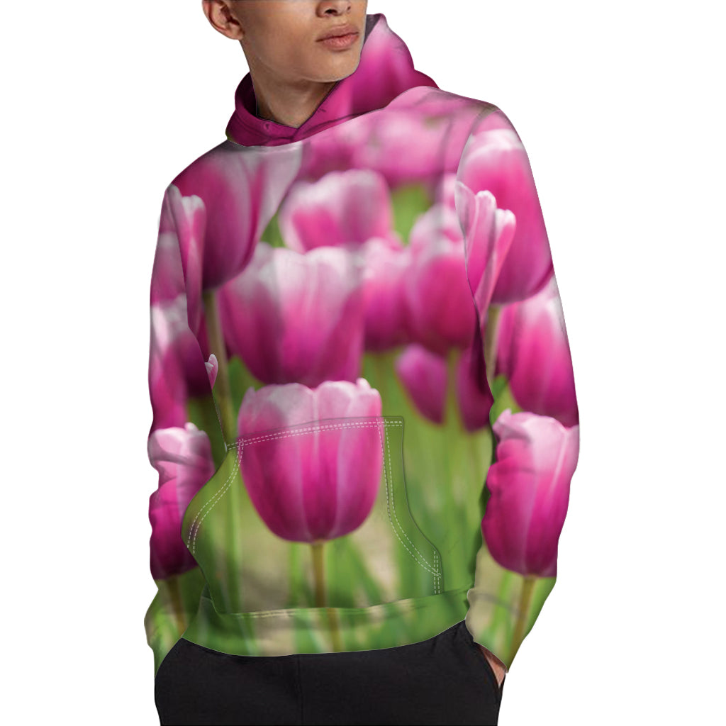 Pink Tulip Print Pullover Hoodie