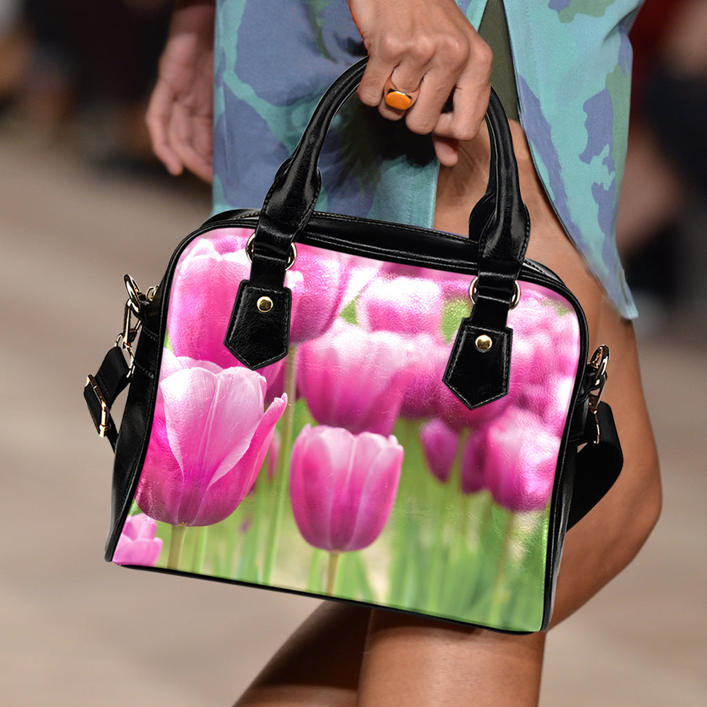 Pink Tulip Print Shoulder Handbag