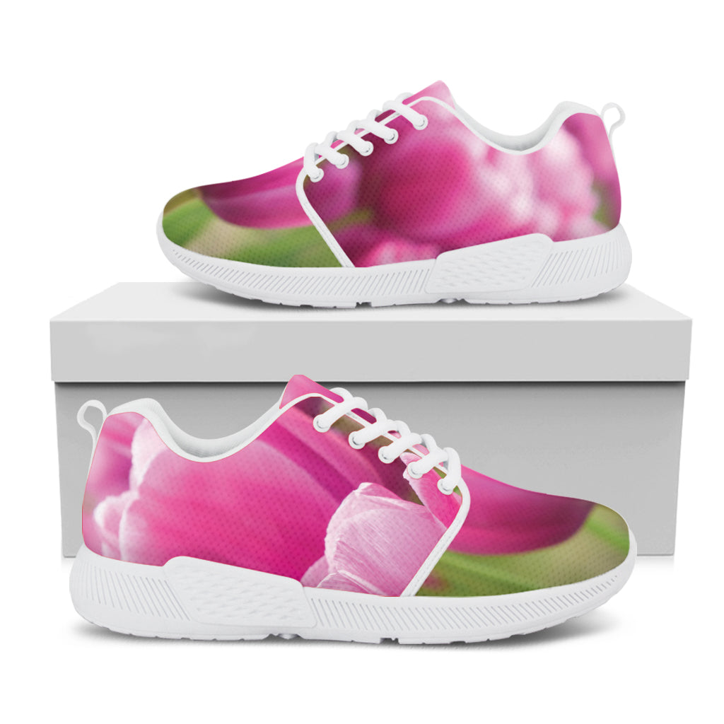 Pink Tulip Print White Athletic Shoes