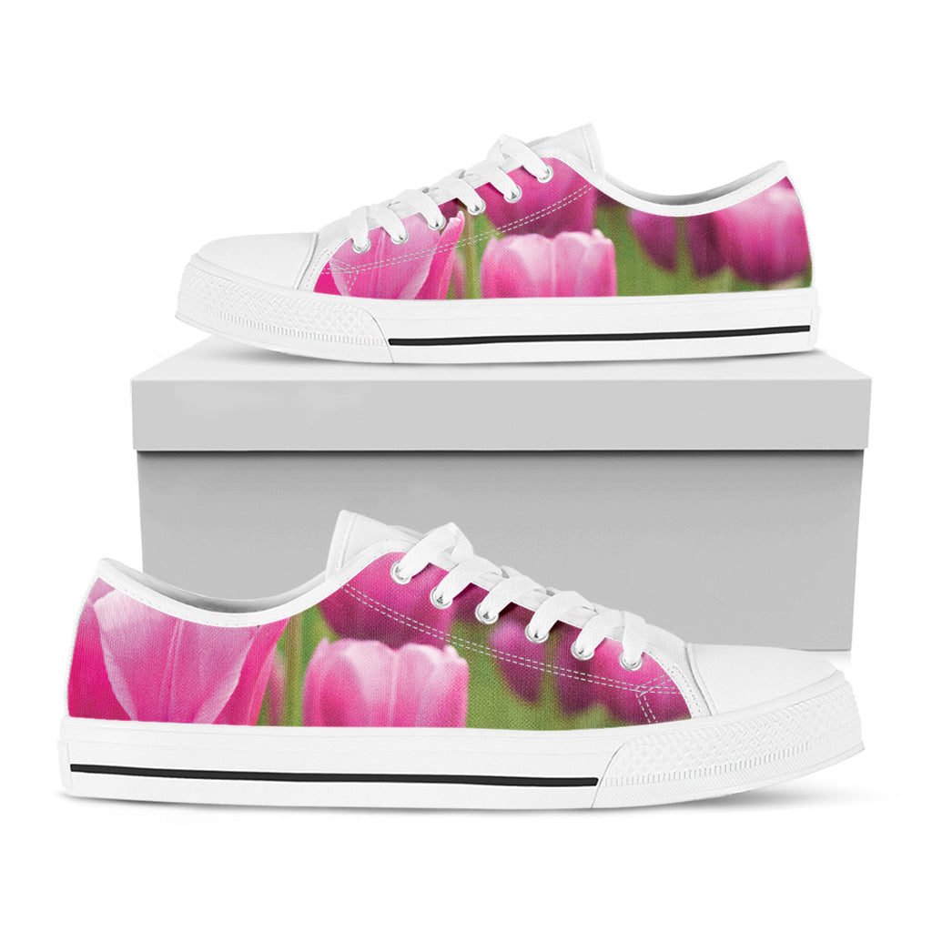 Pink Tulip Print White Low Top Shoes