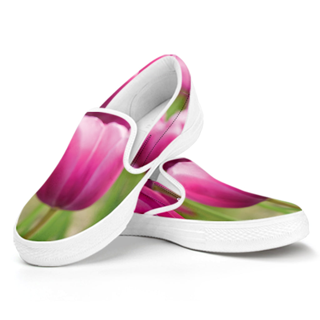 Pink Tulip Print White Slip On Shoes