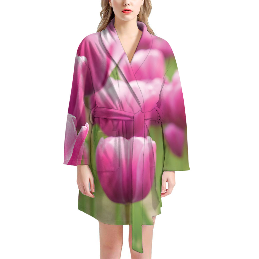 Pink Tulip Print Women's Bathrobe