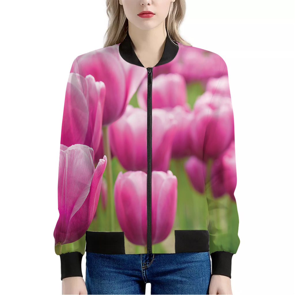 Pink Tulip Print Women's Bomber Jacket