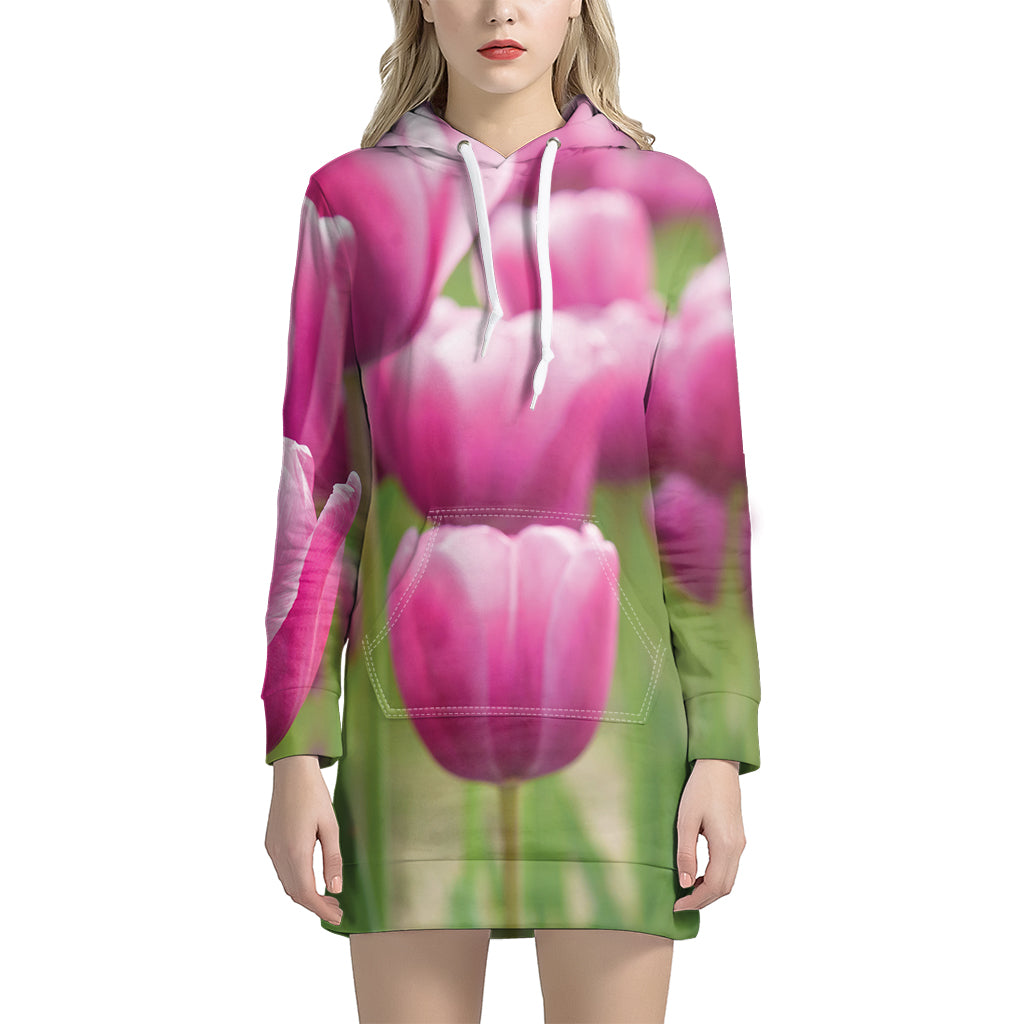 Pink Tulip Print Women's Pullover Hoodie Dress