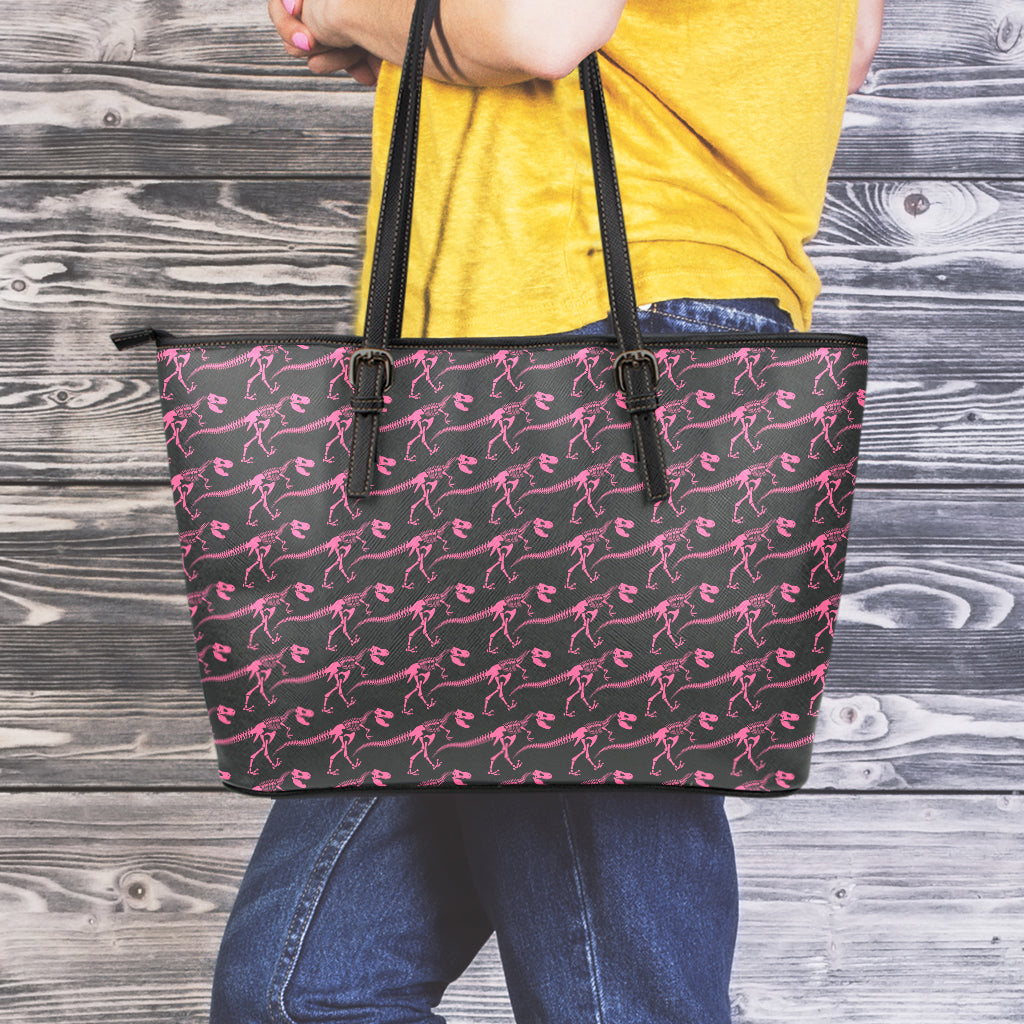 Pink Tyrannosaurus Fossil Pattern Print Leather Tote Bag