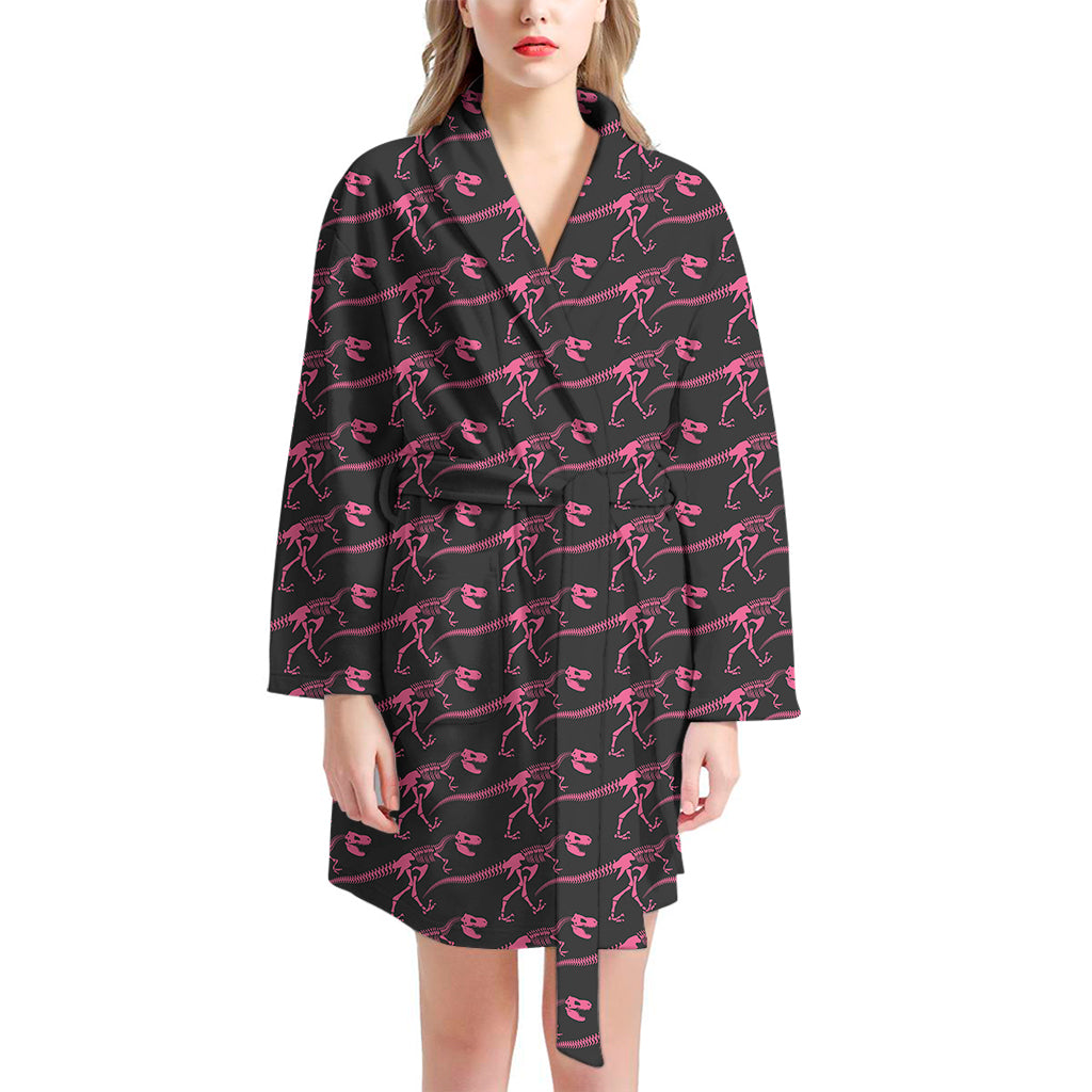 Pink Tyrannosaurus Fossil Pattern Print Women's Bathrobe