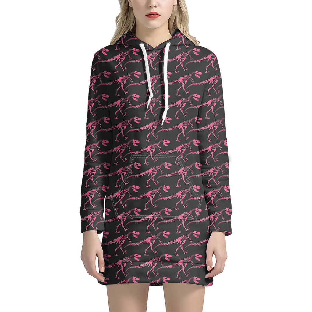 Pink Tyrannosaurus Fossil Pattern Print Women's Pullover Hoodie Dress