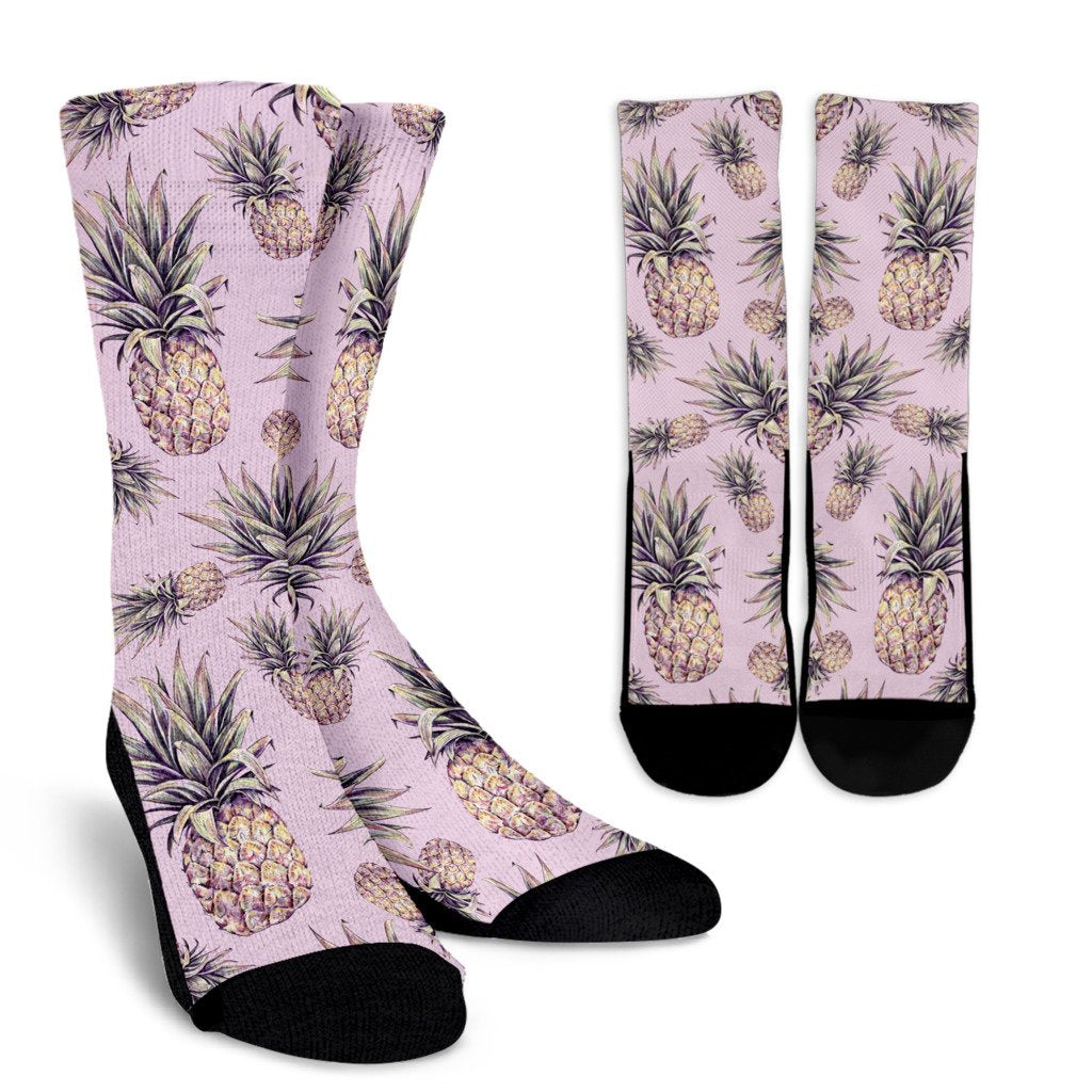 Pink Vintage Pineapple Pattern Print Crew Socks