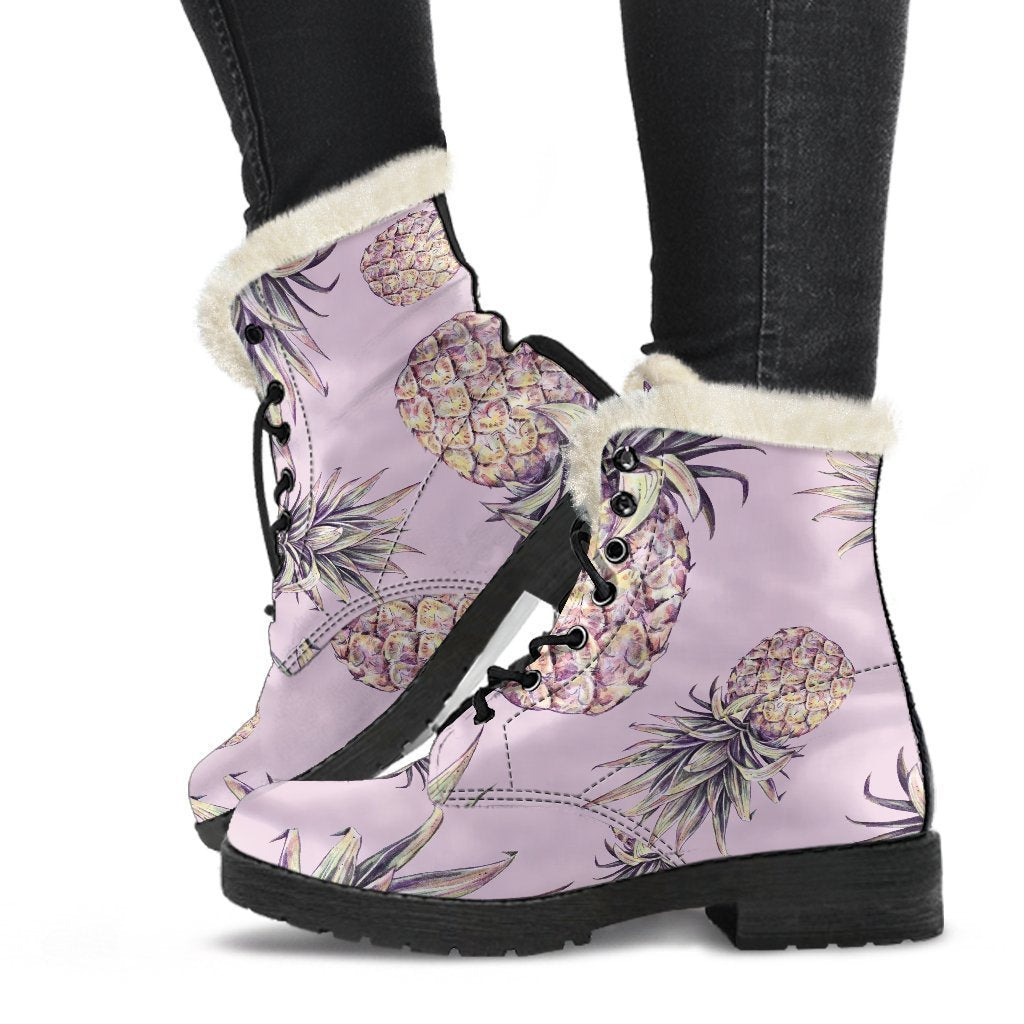 Pink Vintage Pineapple Pattern Print Faux Fur Leather Boots