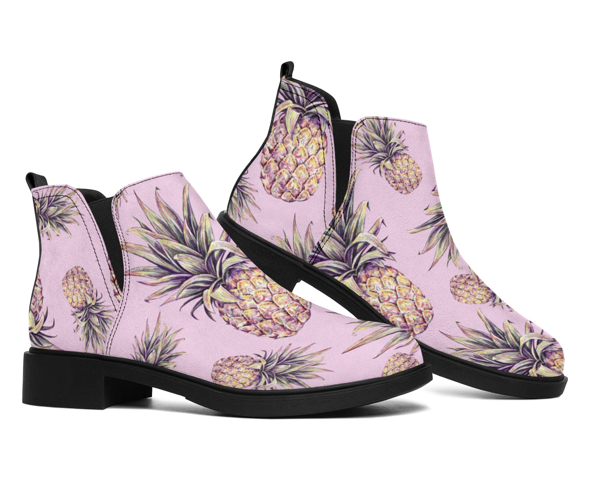 Pink Vintage Pineapple Pattern Print Flat Ankle Boots