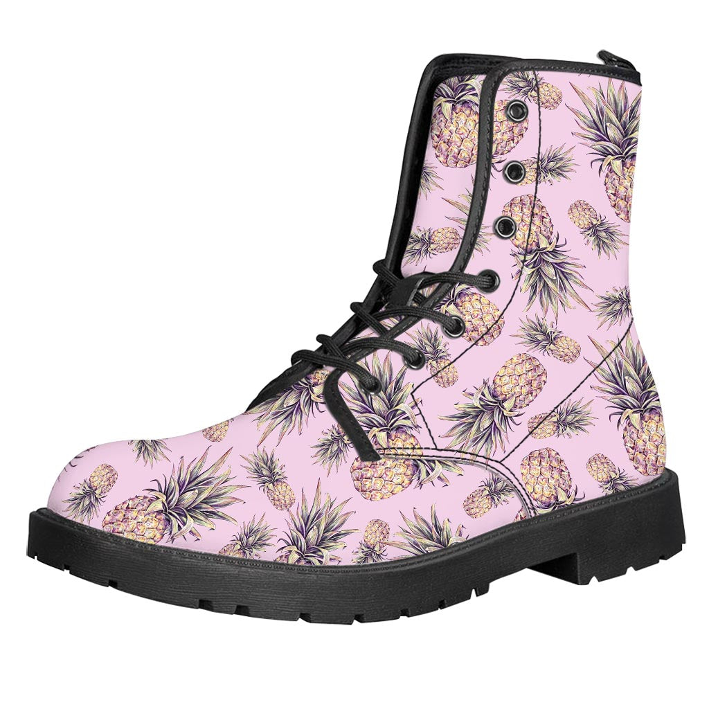 Pink Vintage Pineapple Pattern Print Leather Boots