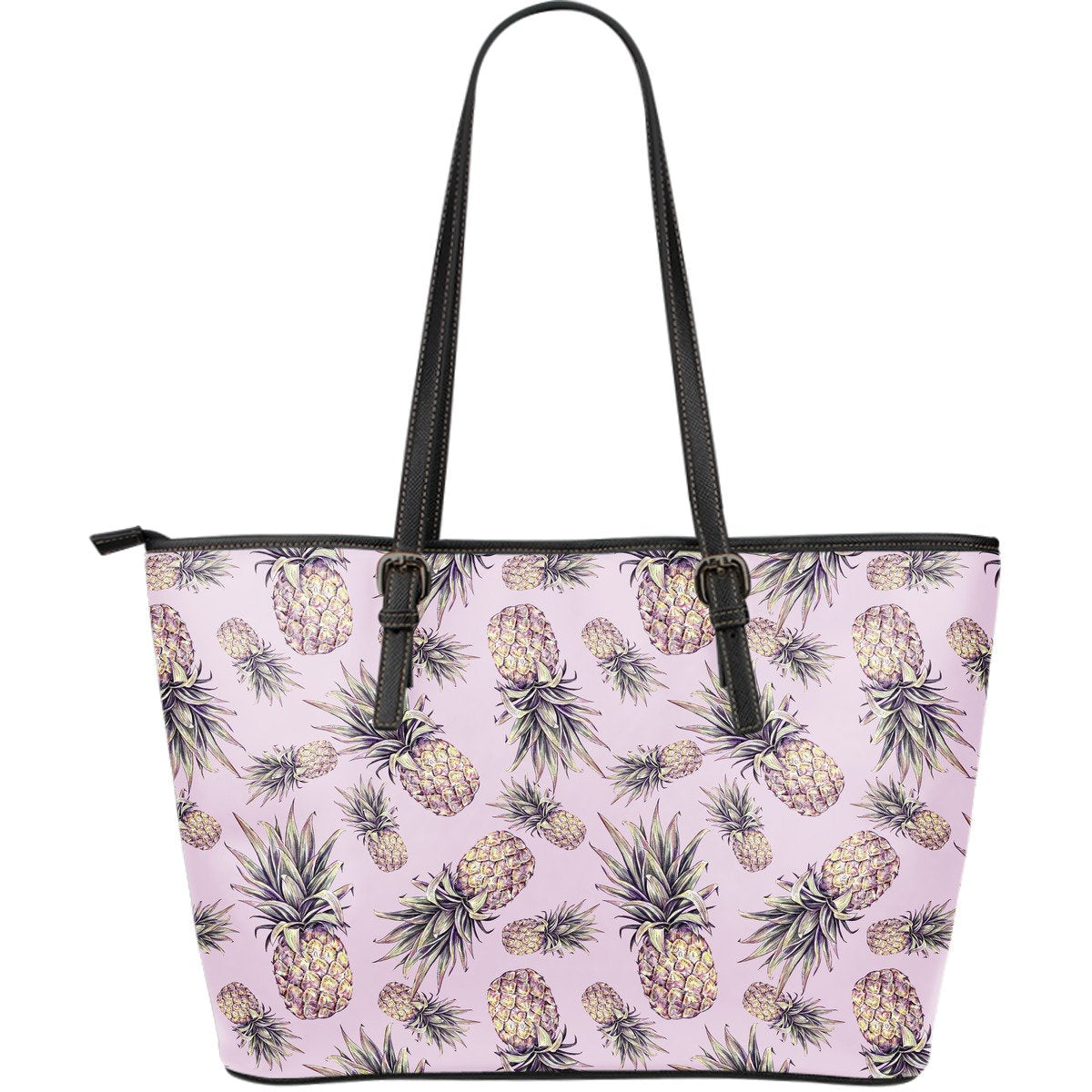 Pink Vintage Pineapple Pattern Print Leather Tote Bag