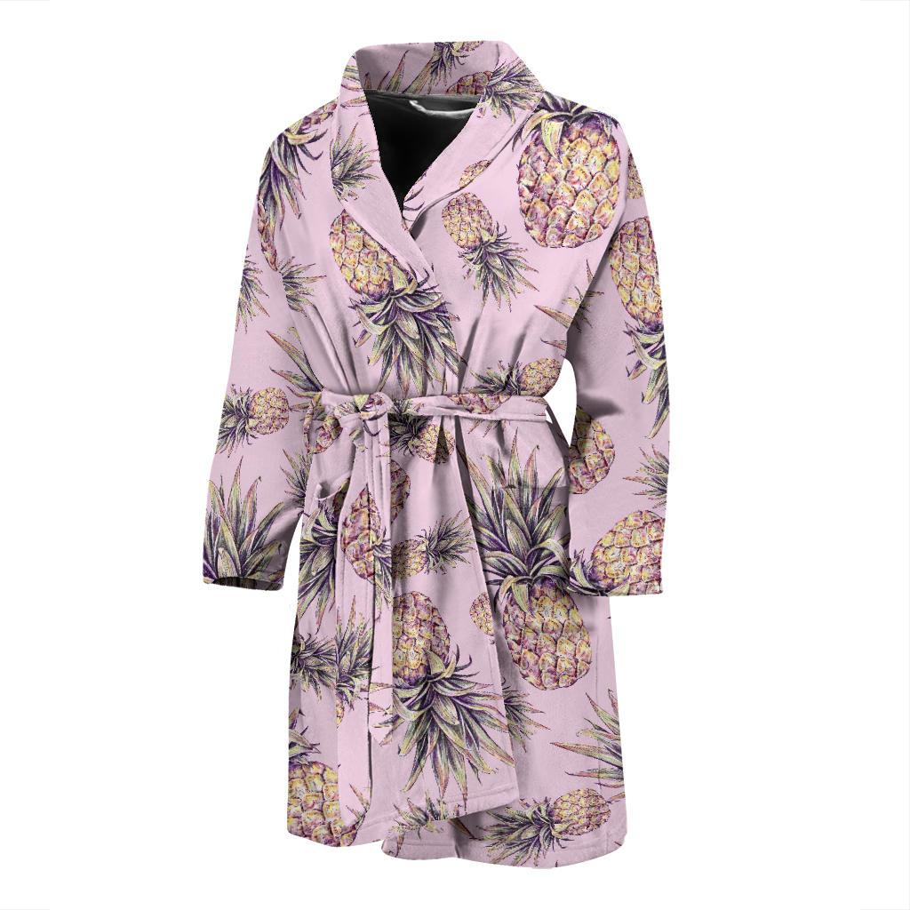 Pink Vintage Pineapple Pattern Print Men's Bathrobe