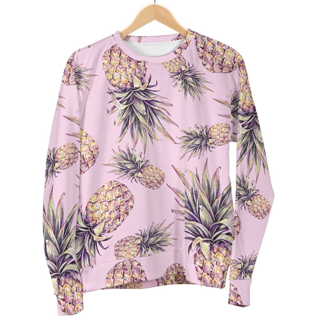 Pink Vintage Pineapple Pattern Print Men's Crewneck Sweatshirt