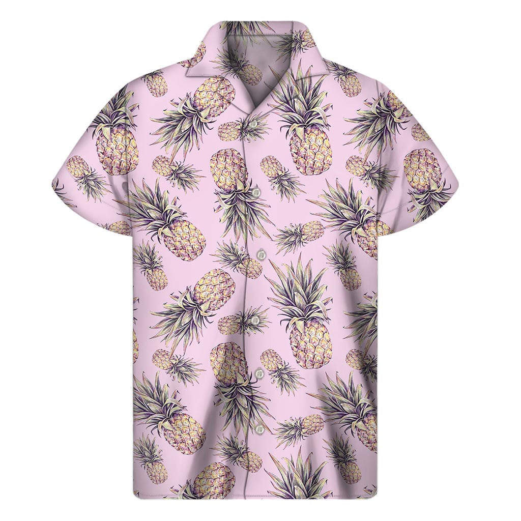 Pink Vintage Pineapple Pattern Print Men's Short Sleeve Shirt