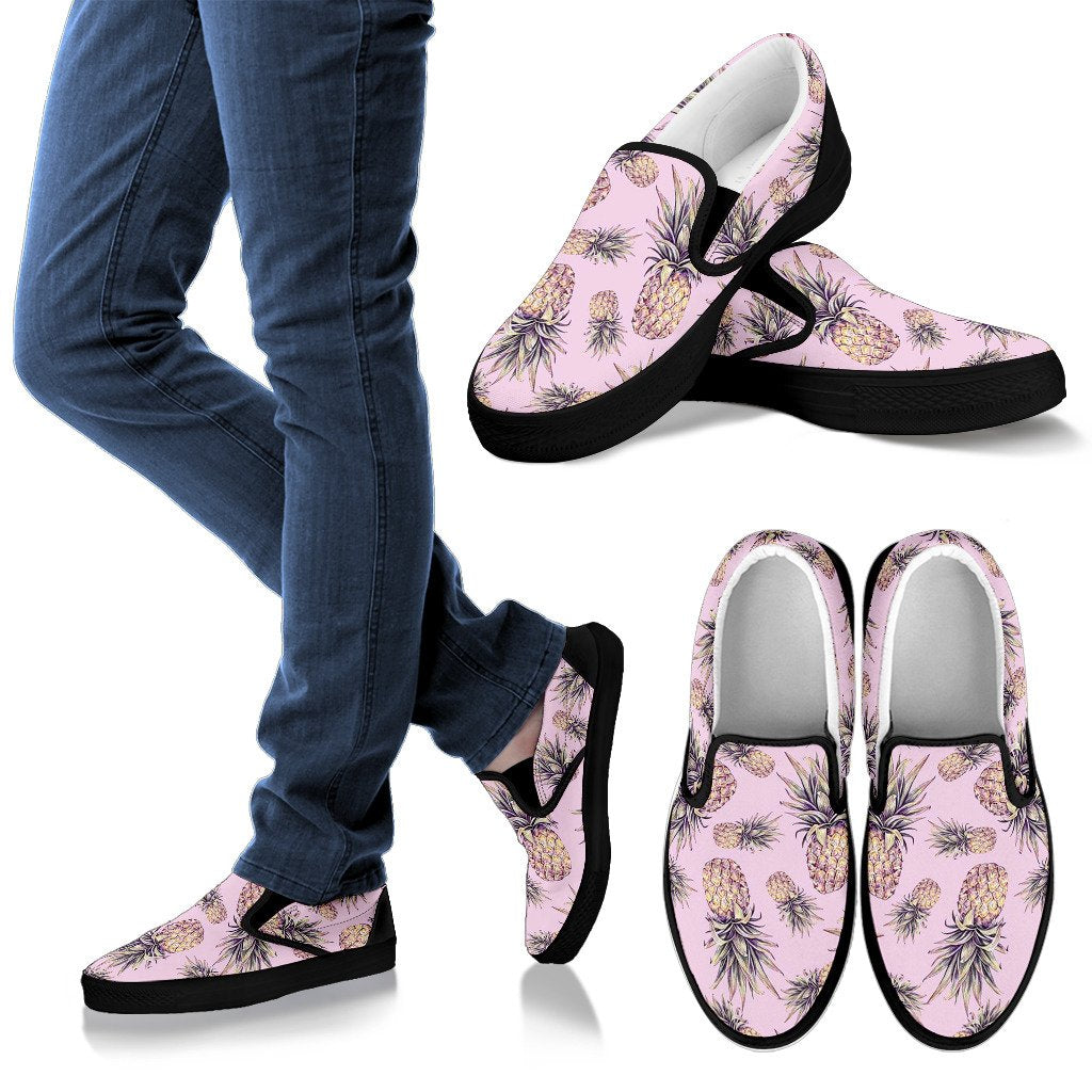 Pink Vintage Pineapple Pattern Print Men's Slip On Shoes