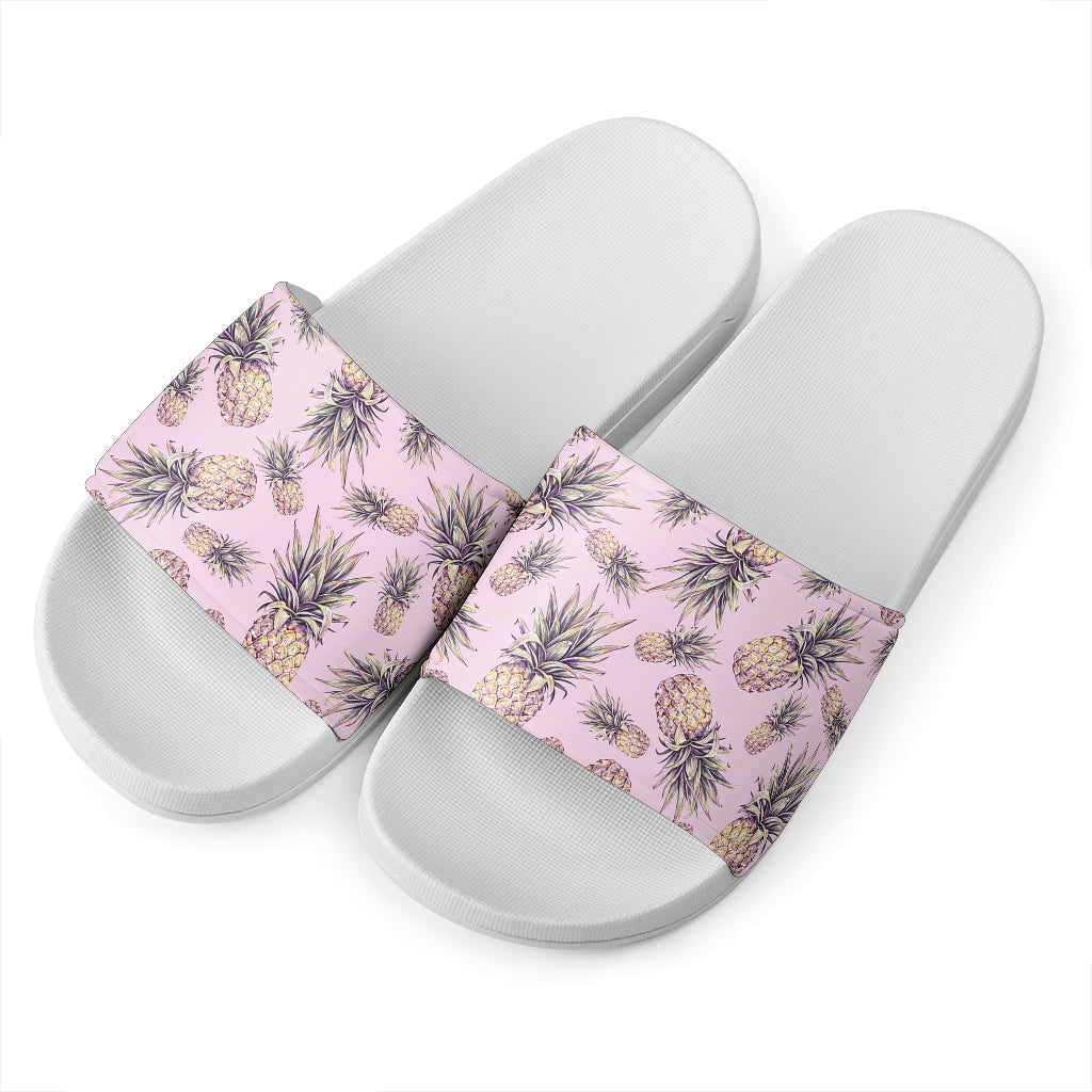 Pink Vintage Pineapple Pattern Print White Slide Sandals