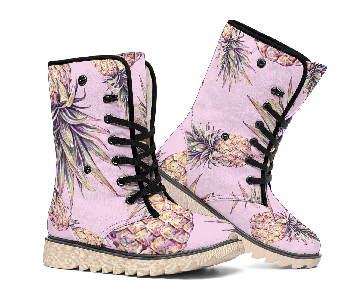 Pink Vintage Pineapple Pattern Print Winter Boots