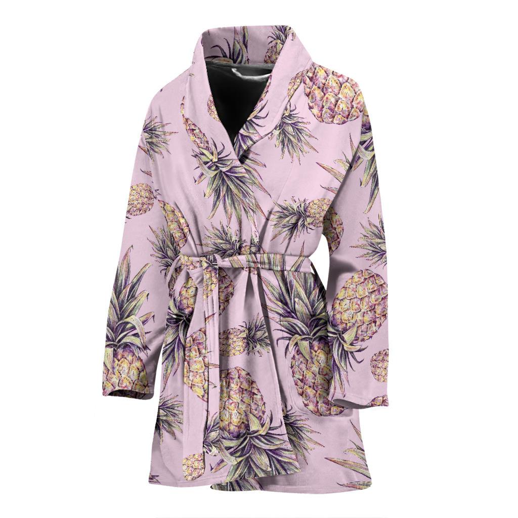 Pink Vintage Pineapple Pattern Print Women's Bathrobe