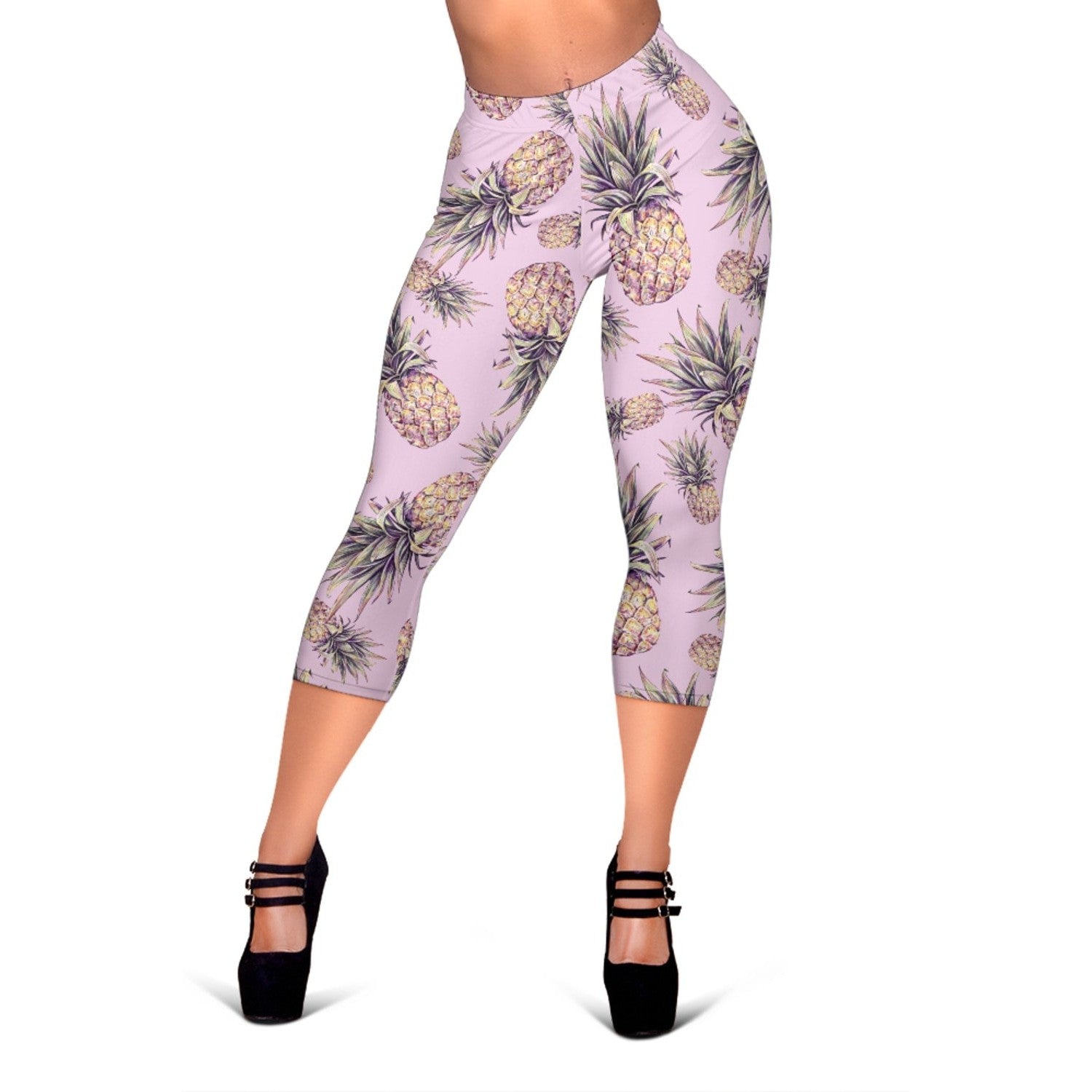 Pink Vintage Pineapple Pattern Print Women's Capri Leggings