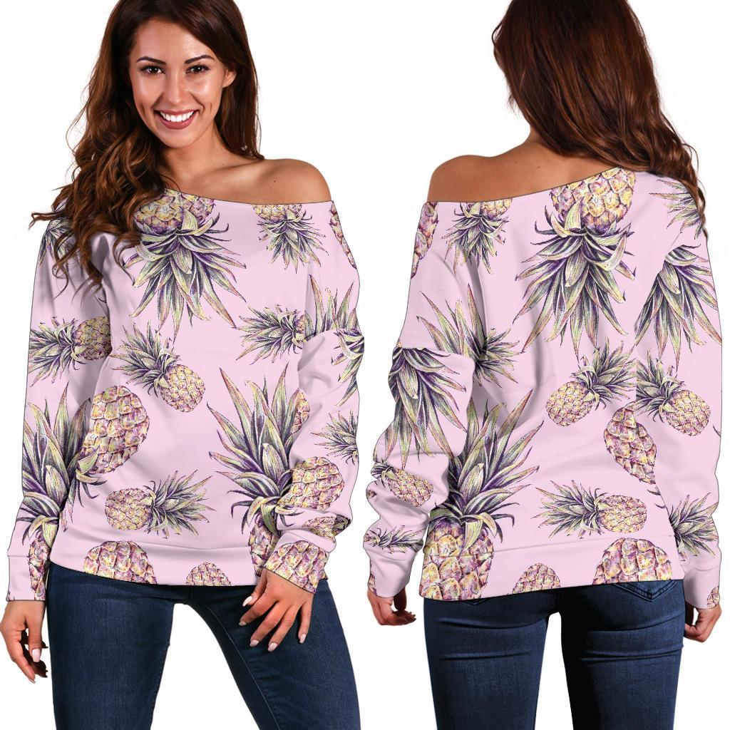 Pink Vintage Pineapple Pattern Print Women's Off-Shoulder Sweatshirt