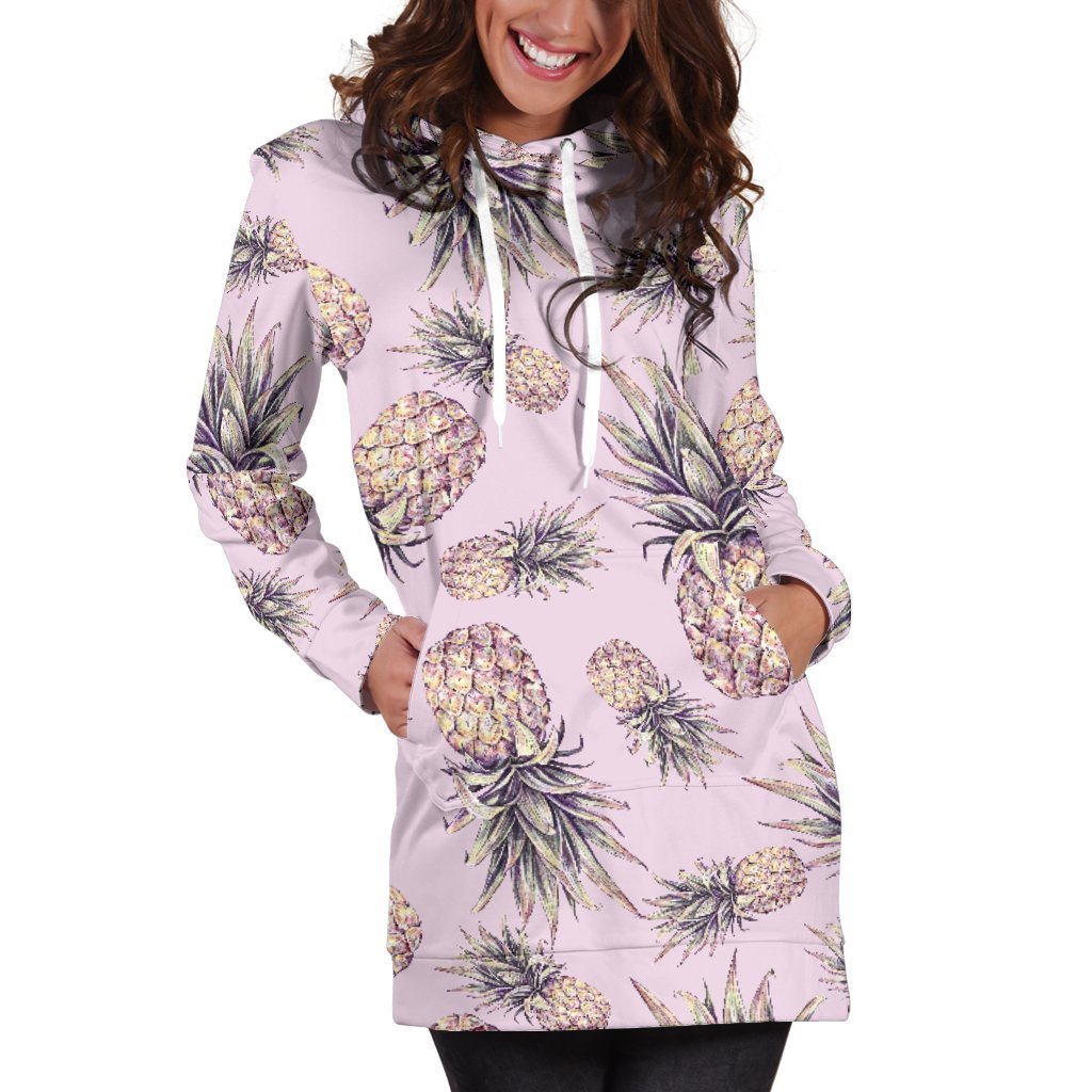 Pink Vintage Pineapple Pattern Print Women's Pullover Hoodie Dress