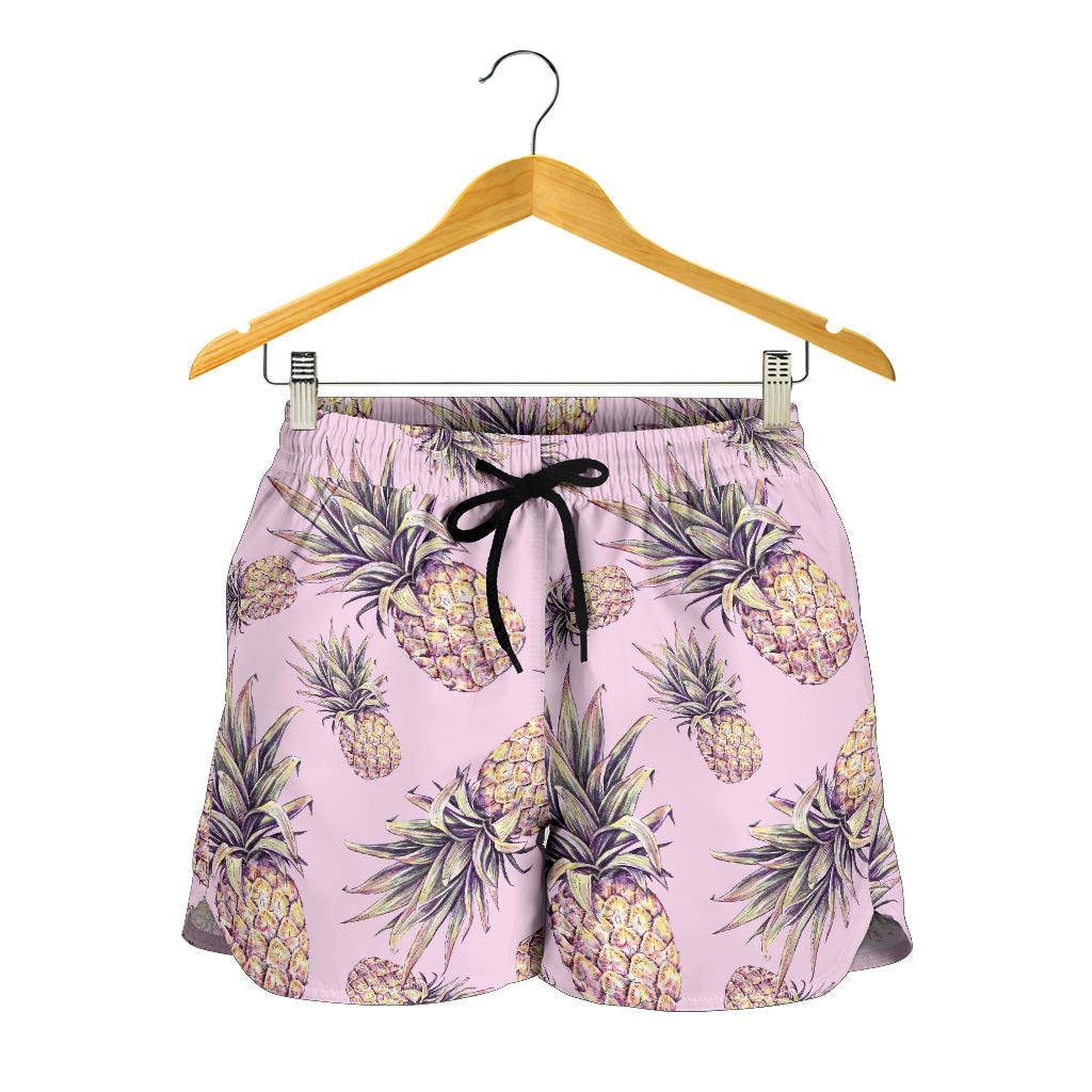 Pink Vintage Pineapple Pattern Print Women's Shorts