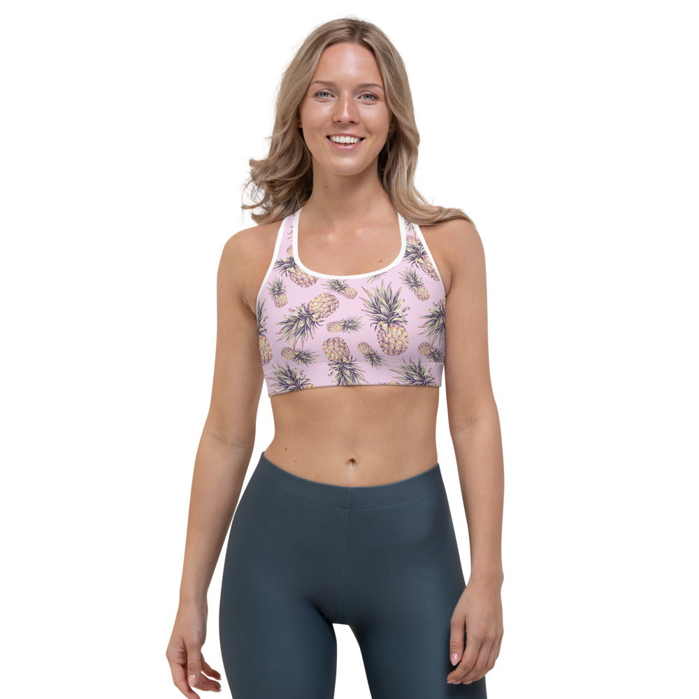 Pink Vintage Pineapple Pattern Print Women's Sports Bra