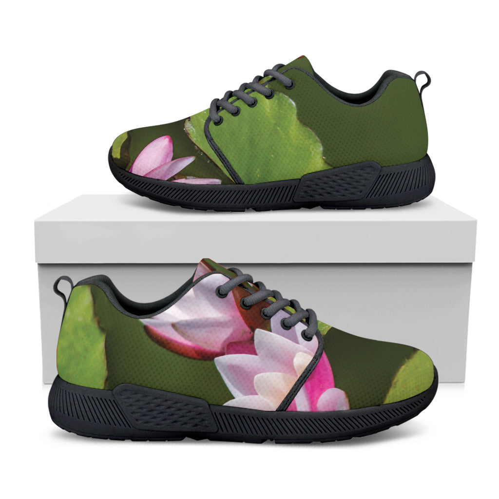 Pink Water Lilies Print Black Athletic Shoes