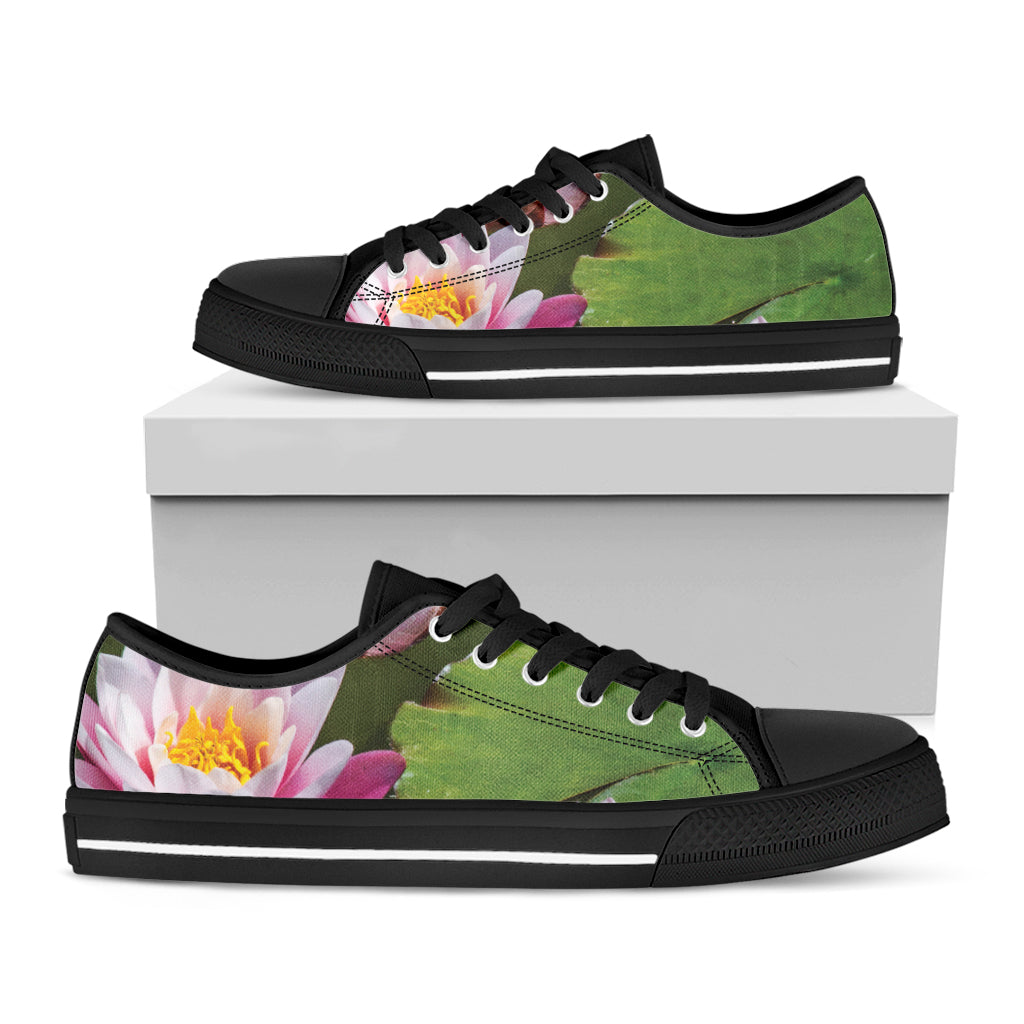 Pink Water Lilies Print Black Low Top Shoes