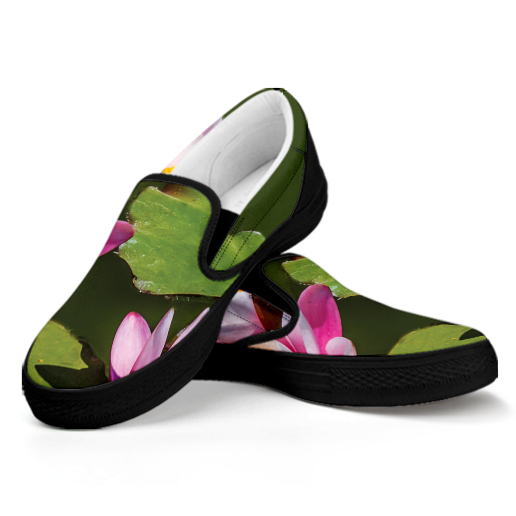 Pink Water Lilies Print Black Slip On Shoes