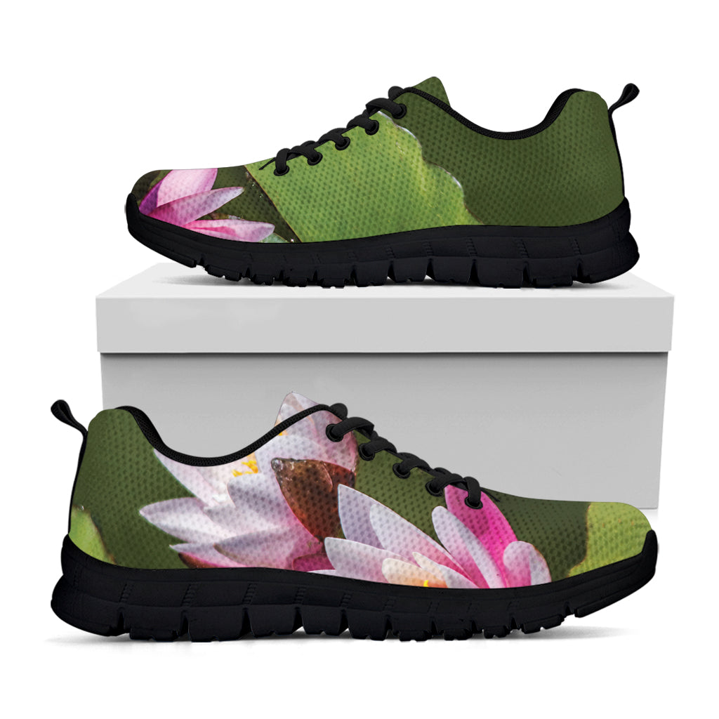 Pink Water Lilies Print Black Sneakers