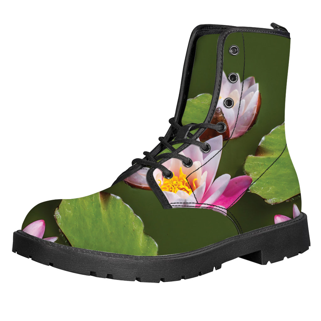 Pink Water Lilies Print Leather Boots