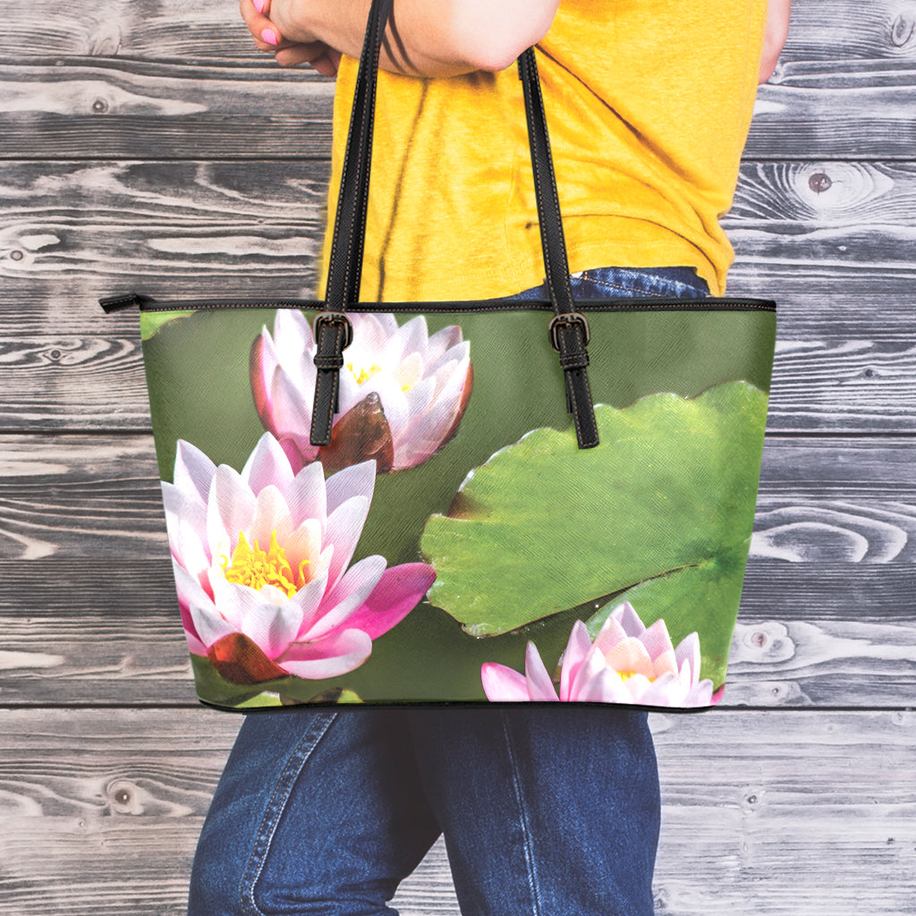 Pink Water Lilies Print Leather Tote Bag