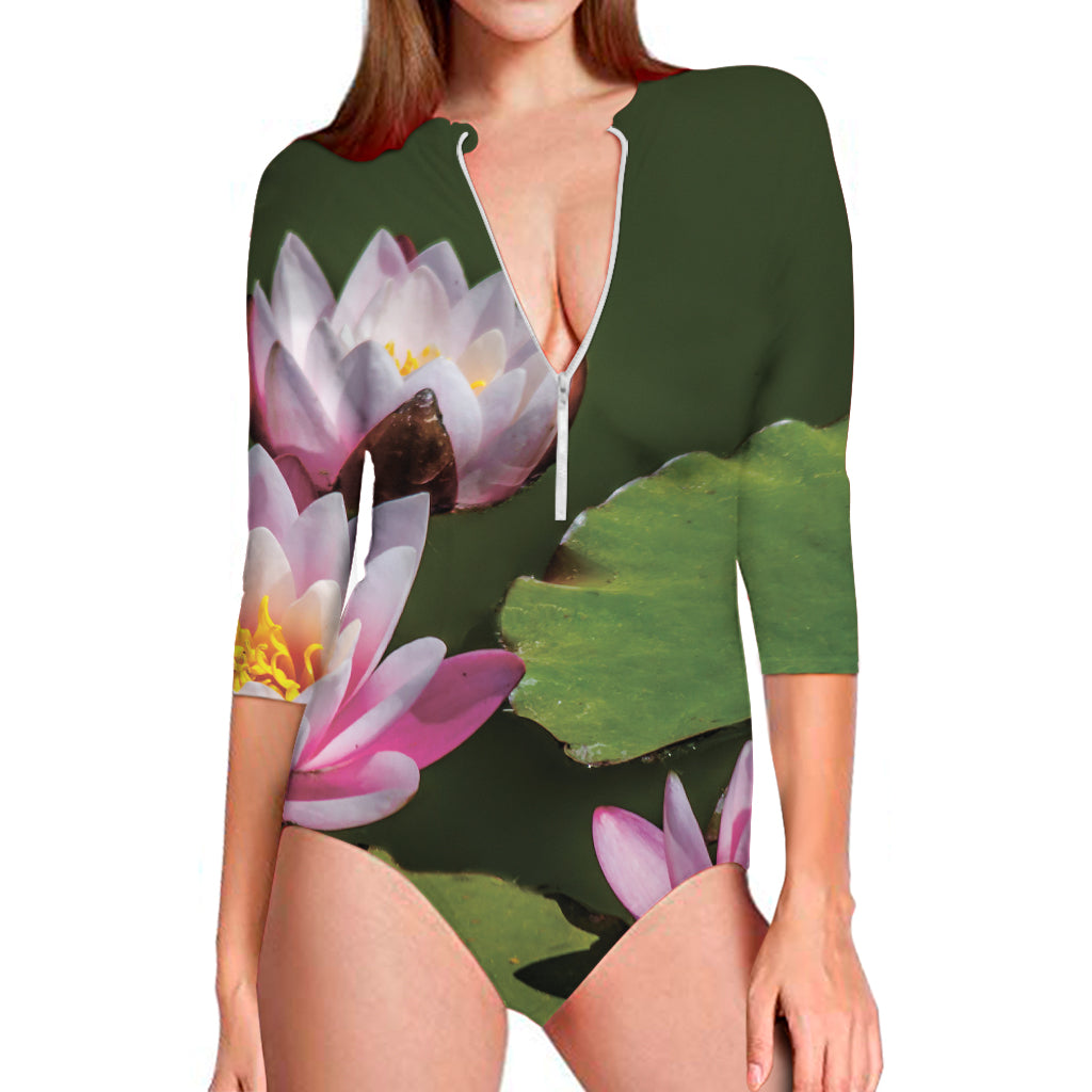 Pink Water Lilies Print Long Sleeve One Piece Swimsuit