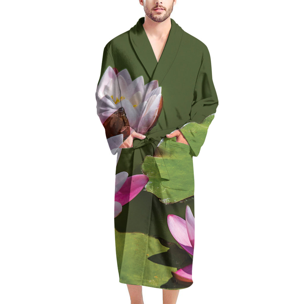 Pink Water Lilies Print Men's Bathrobe