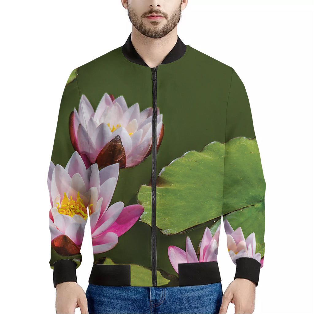 Pink Water Lilies Print Men's Bomber Jacket