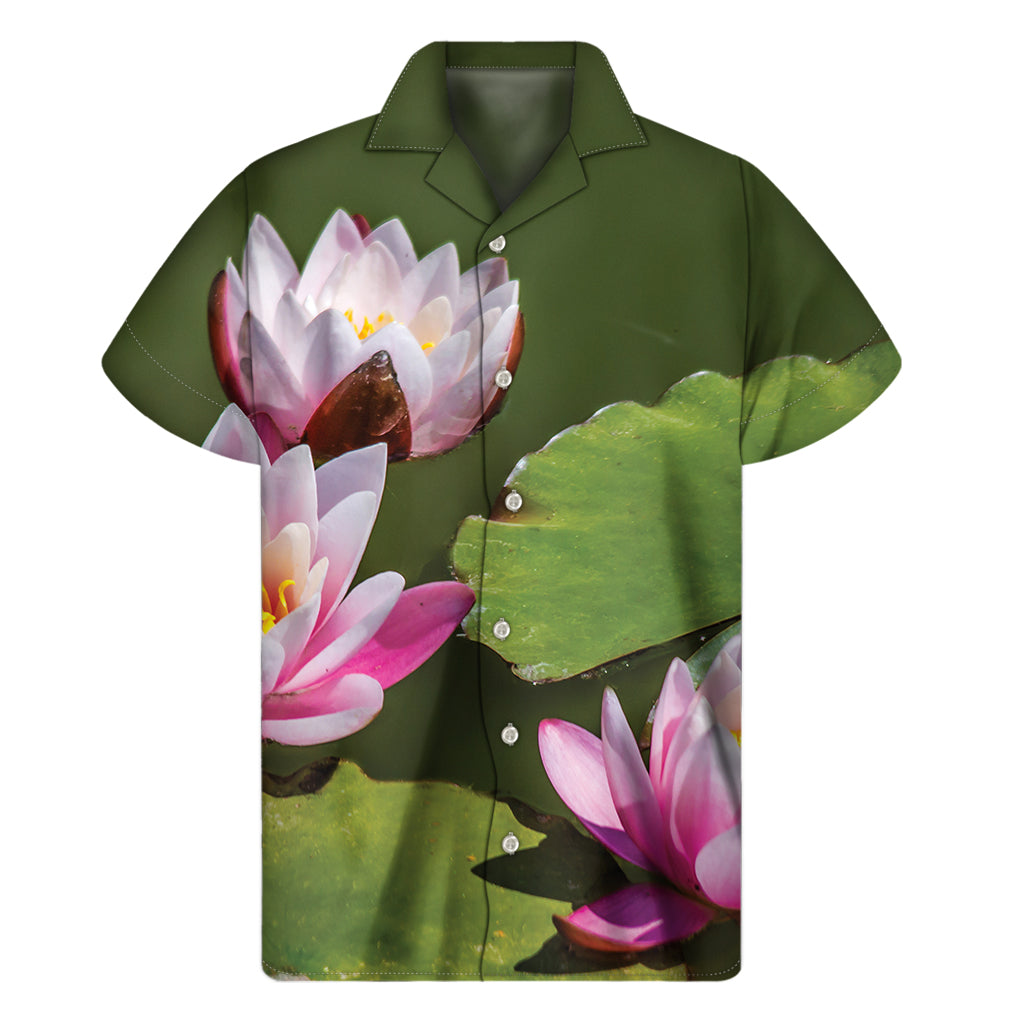 Pink Water Lilies Print Men's Short Sleeve Shirt