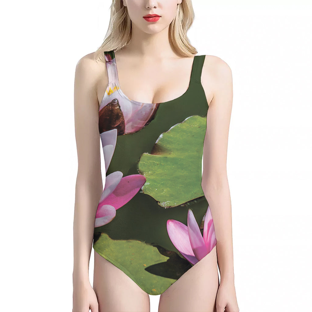 Pink Water Lilies Print One Piece Halter Neck Swimsuit