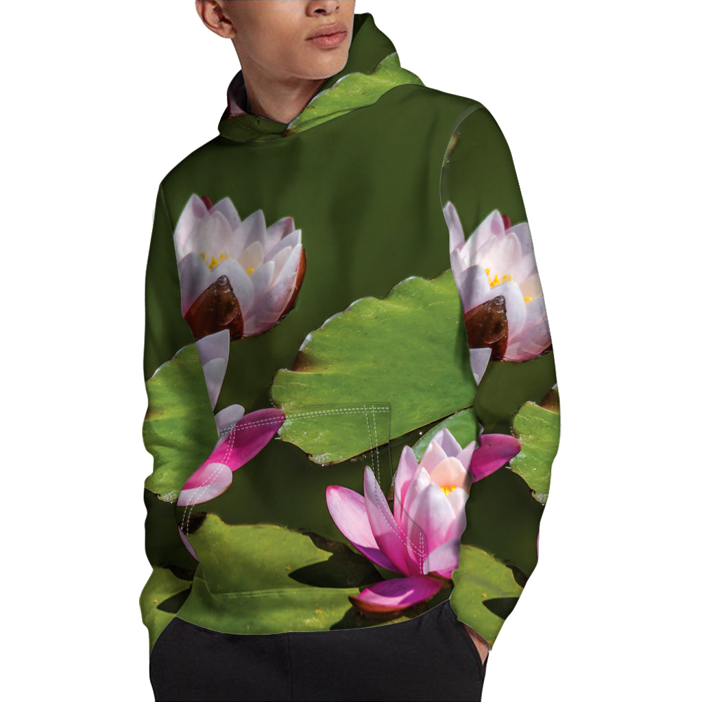 Pink Water Lilies Print Pullover Hoodie