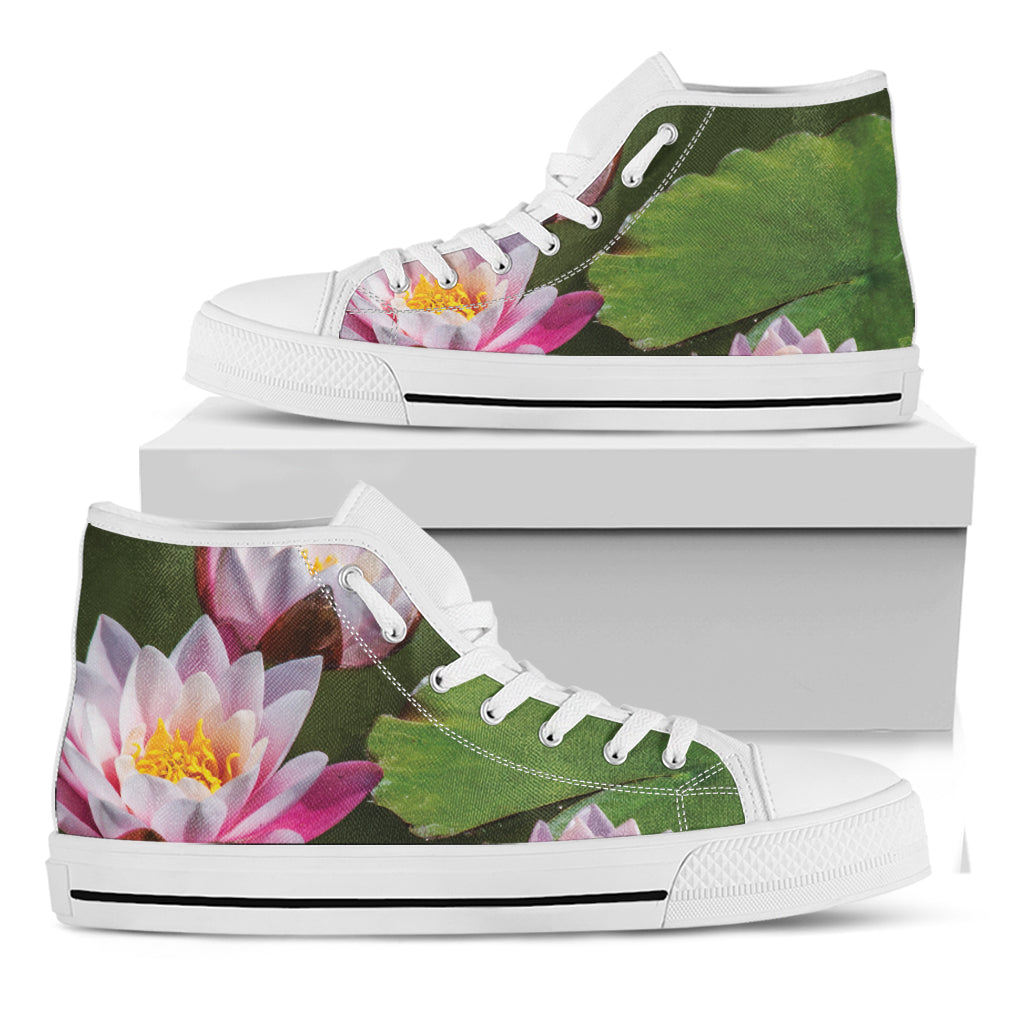 Pink Water Lilies Print White High Top Shoes